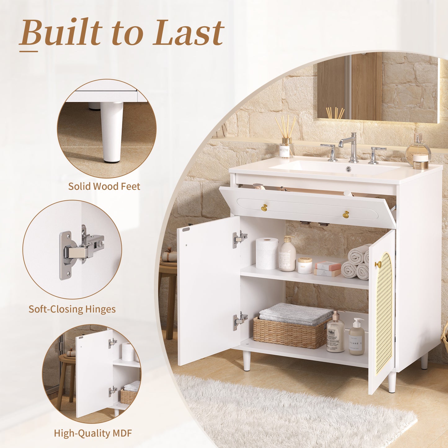 30 Bathroom Vanity With Ceramic Sink, Solid Wood Frame Bathroom Sink Cabinet With Adjustable Shelf, Tip-Drawer, Rattan Front Panels