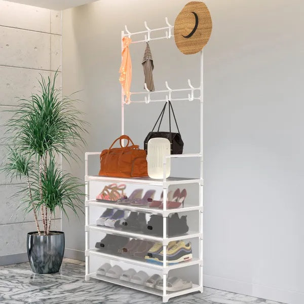 5-Tier Coat Rack Dustproof Entryway Hall Tree Clothing Shelf Shoe Rack With 8 Removable Hooks Freestanding Hat Clothes Organizer For Front Door Bedroom Entryway