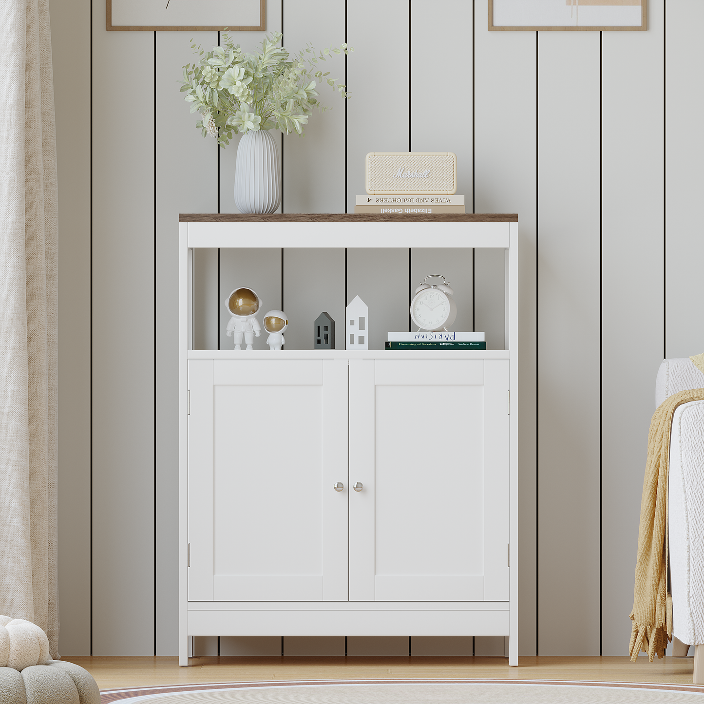 Modern Storage Cabinet With Double Doors, Free-Standing Bathroom Cabinet With Adjustable Shelf And Natural Wood Top, Multi-Purpose Organizer For Kitchen, Living Room, Bathroom Or Entryway White