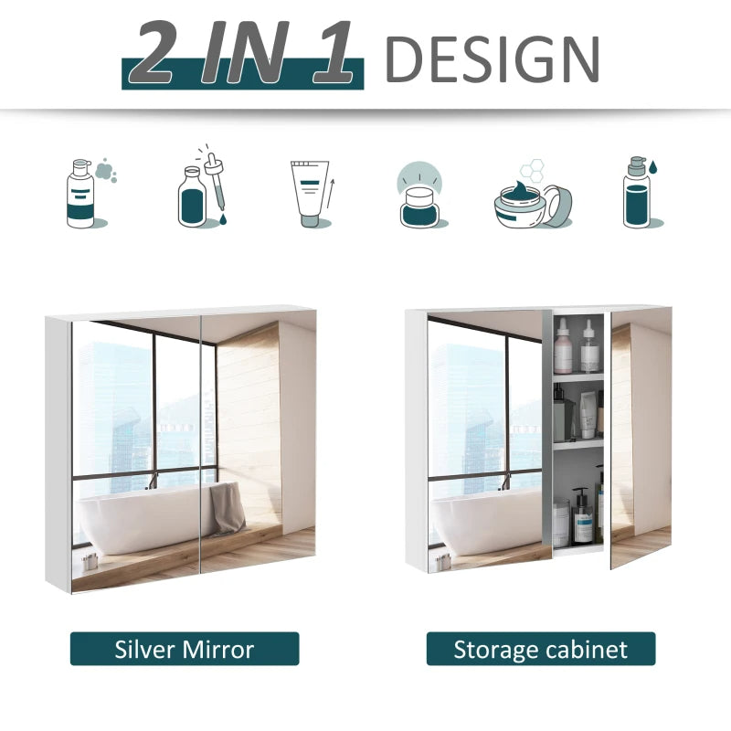 Kleankin Bathroom Mirrored Cabinet, Steel Frame Medicine Cabinet, Wall-Mounted Storage Organizer With Double Doors, White