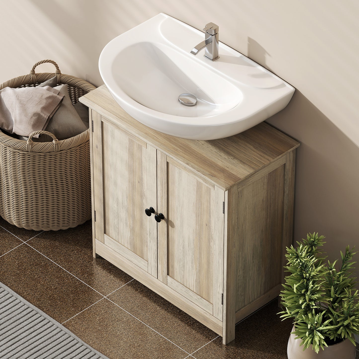 Bathroom Vanity Cabinet, Under Sink Bathroom Cabinet with 2 Doors and Adjustable Shelf, Weathered Gray Oak