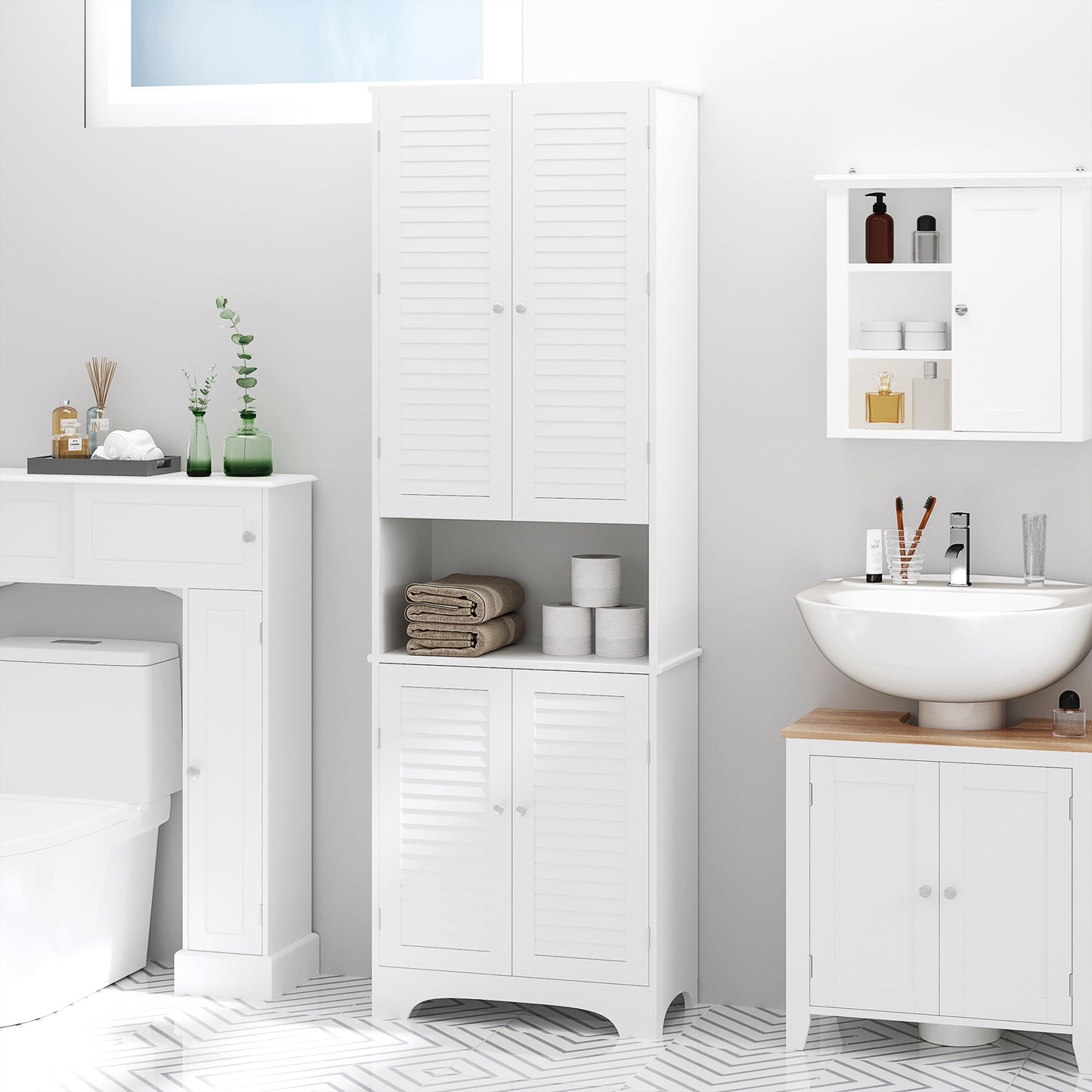 Tall Narrow Bathroom Storage Cabinet with Doors and Shelf Adjustability, Freestanding Linen Cabinet with 2 Cabinets and Countertop, White