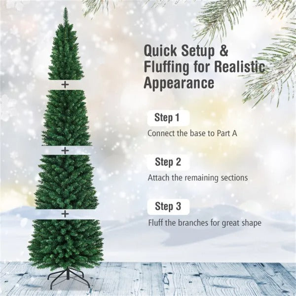 9ft Slim Pencil Christmas Tree - Space-Saving Design For Small Corners, 1500 Realistic PVC Branches With Flocked Finish