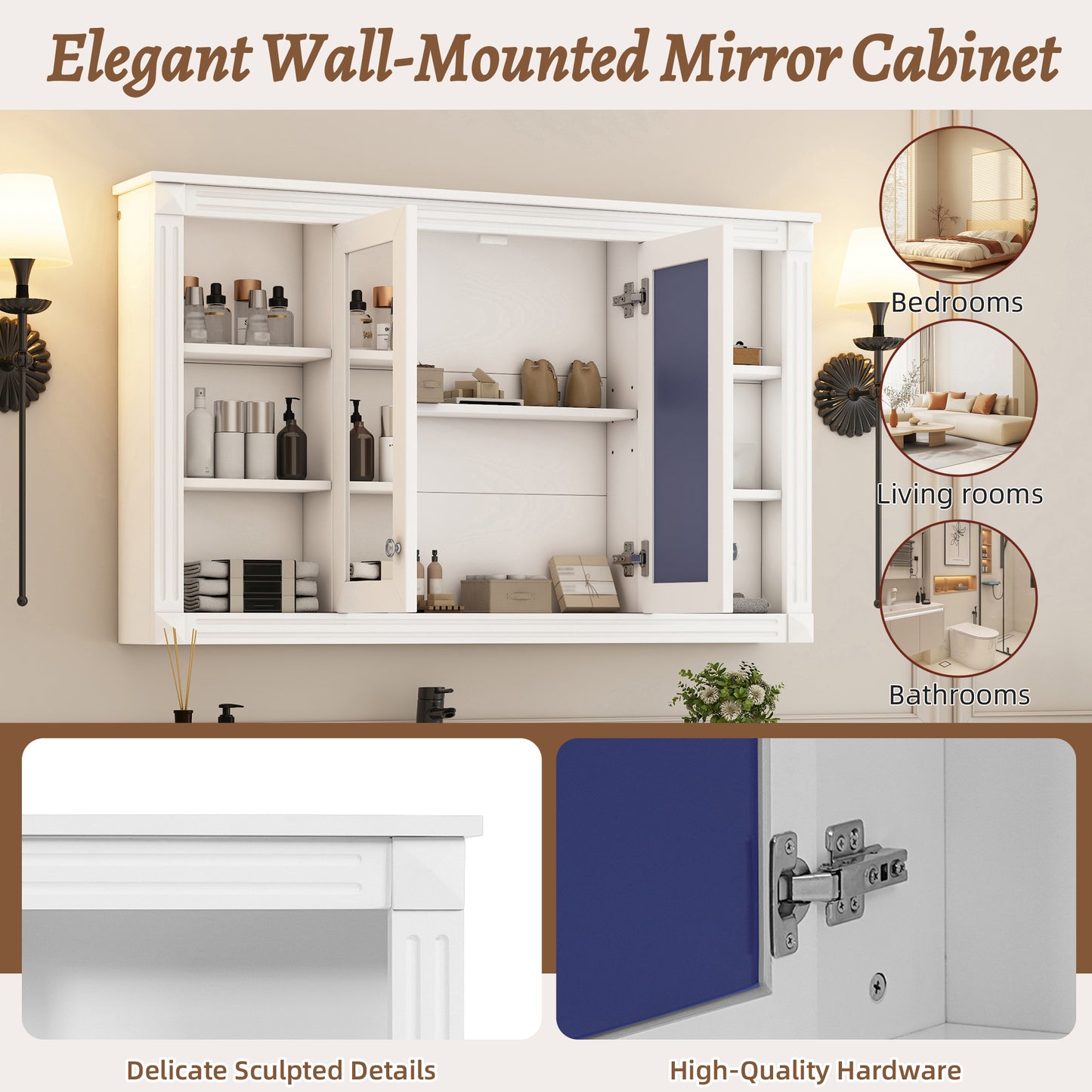47 Inch Bathroom Mirror Cabinet With Storage, Adjustable Shelf And Open Shelves, Wall Mounted Medicine Cabinet For Bathroom, Bedroom, Vanity
