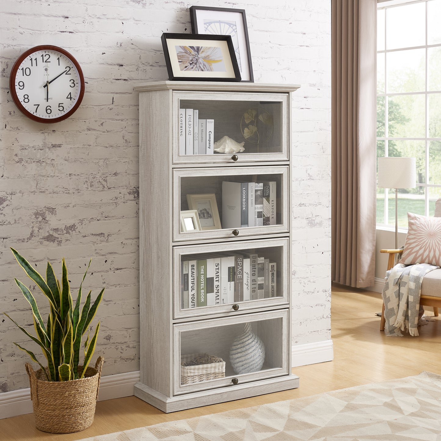 Glass Display Cabinet 4 Tier Glass Display Cabinet Storage Curio Cabinet With Flip Up Glass Doors, Collectors Showcase Toy Organizers Rack, Bookcase For Living Room White