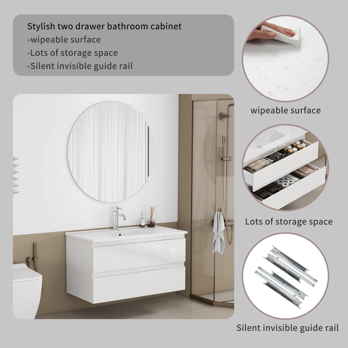 36-inch Bathroom Vanity With Sink Combo,Cabinet With 2 Big Drawers,Soft Close System,2 Big Drawers,Handle-Free Design,Easy Assemble,Glossy White