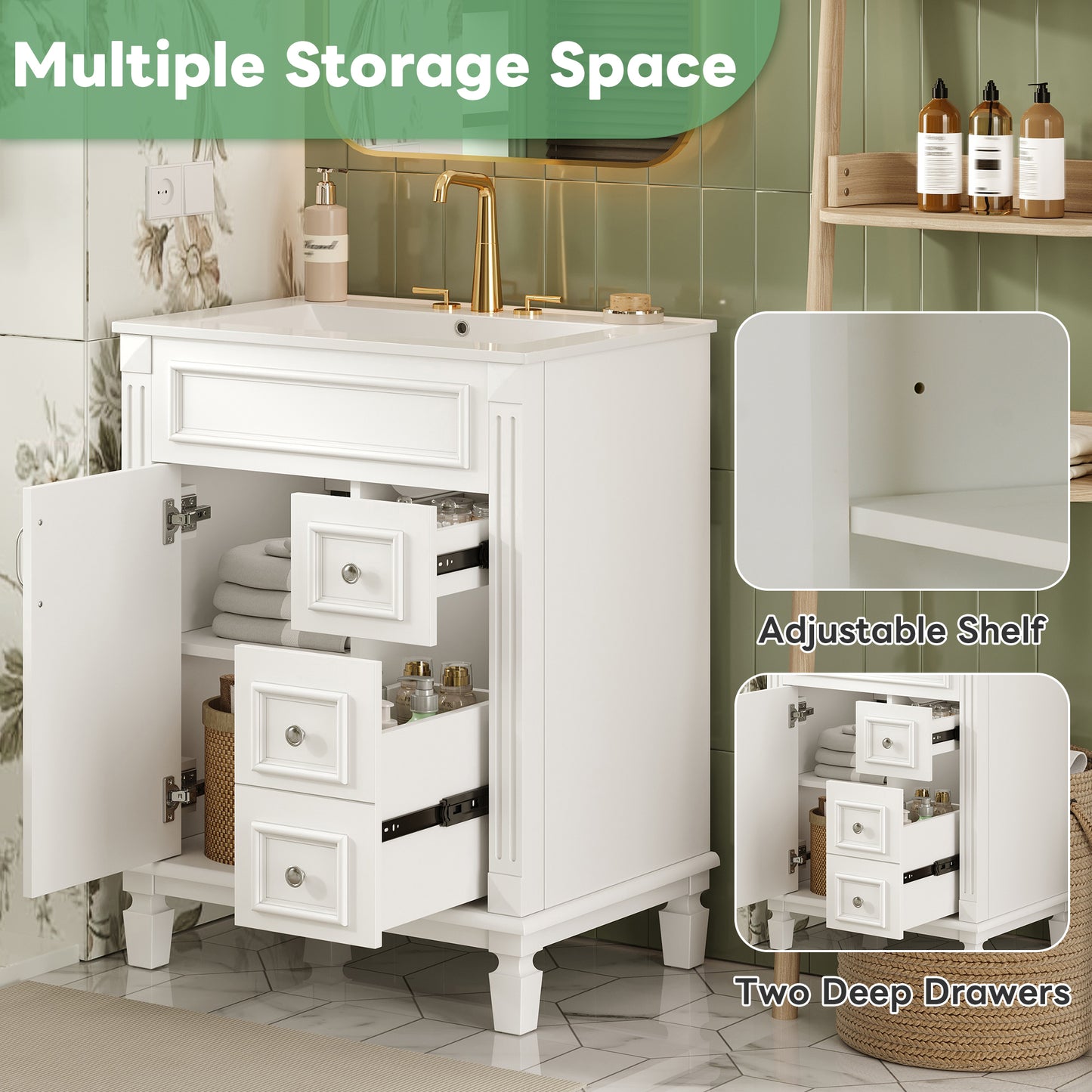24 Bathroom Vanity With Ceramic Sink, Small Bathroom Sink Cabinet, Modern Cabinet With 2 Drawers And Adjustable Shelf