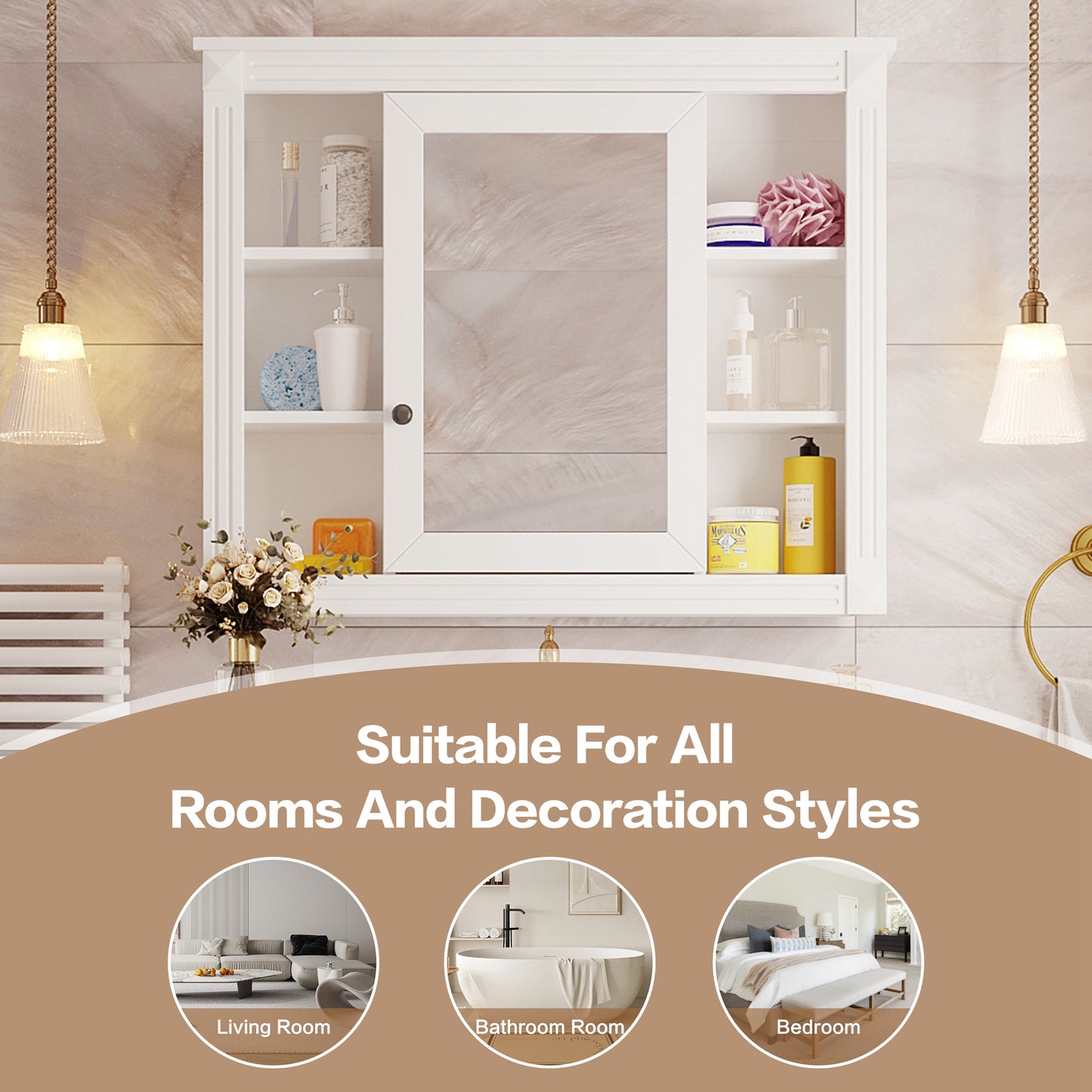 35X 28 Wall Mounted Bathroom Storage Cabinet, Medicine Cabinet, Modern Bathroom Wall Cabinet With Mirror, Mirror Cabinet With 6 Open Shelves Not Include Bathroom Vanity