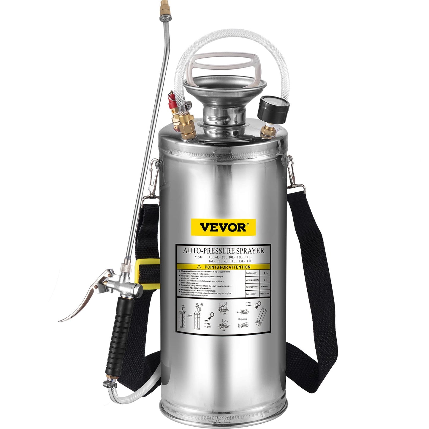 VEVOR 2Gal Stainless Steel Sprayer, Set With Wand Handle& 3FT Reinforced Hose, Hand Pump Sprayer With Pressure Gauge&Safety Valve, Adjustable Nozzle Suitable For Gardening And Sanitizing