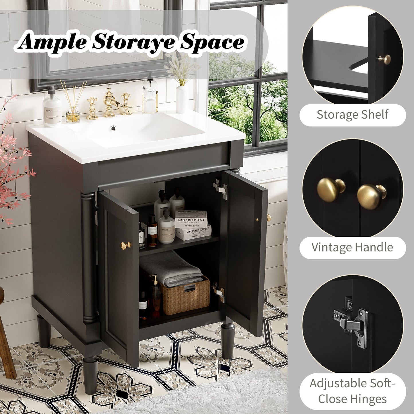 24'' Bathroom Vanity With Top Sink, 2-Tier Modern Bathroom Storage Cabinet, Single Sink Bathroom Vanity, Large Storage Shelves