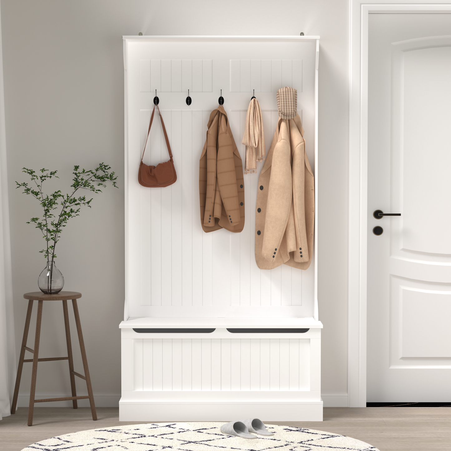 Entryway Bench With Standing Coat Rack, Hall Tree With Shoe Storage Bench, Entryway Organizer With 5 Hooks, White