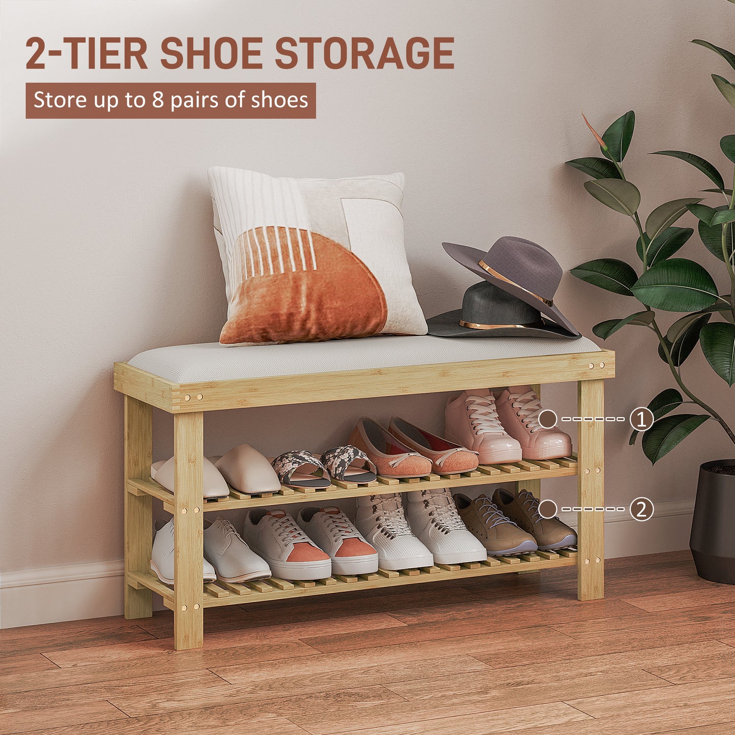 Bamboo Shoe Storage Bench, 3-Tier Entryway Bench With Cushion, Shoe Organizer For Entryway, Hallway, Cream White