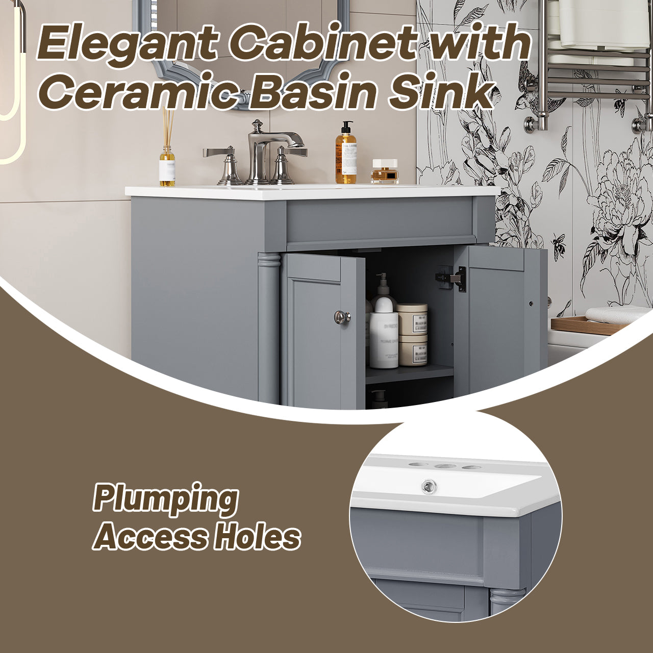 24'' Bathroom Vanity With Top Sink, 2-Tier Modern Bathroom Storage Cabinet, Single Sink Bathroom Vanity, Large Storage Shelves