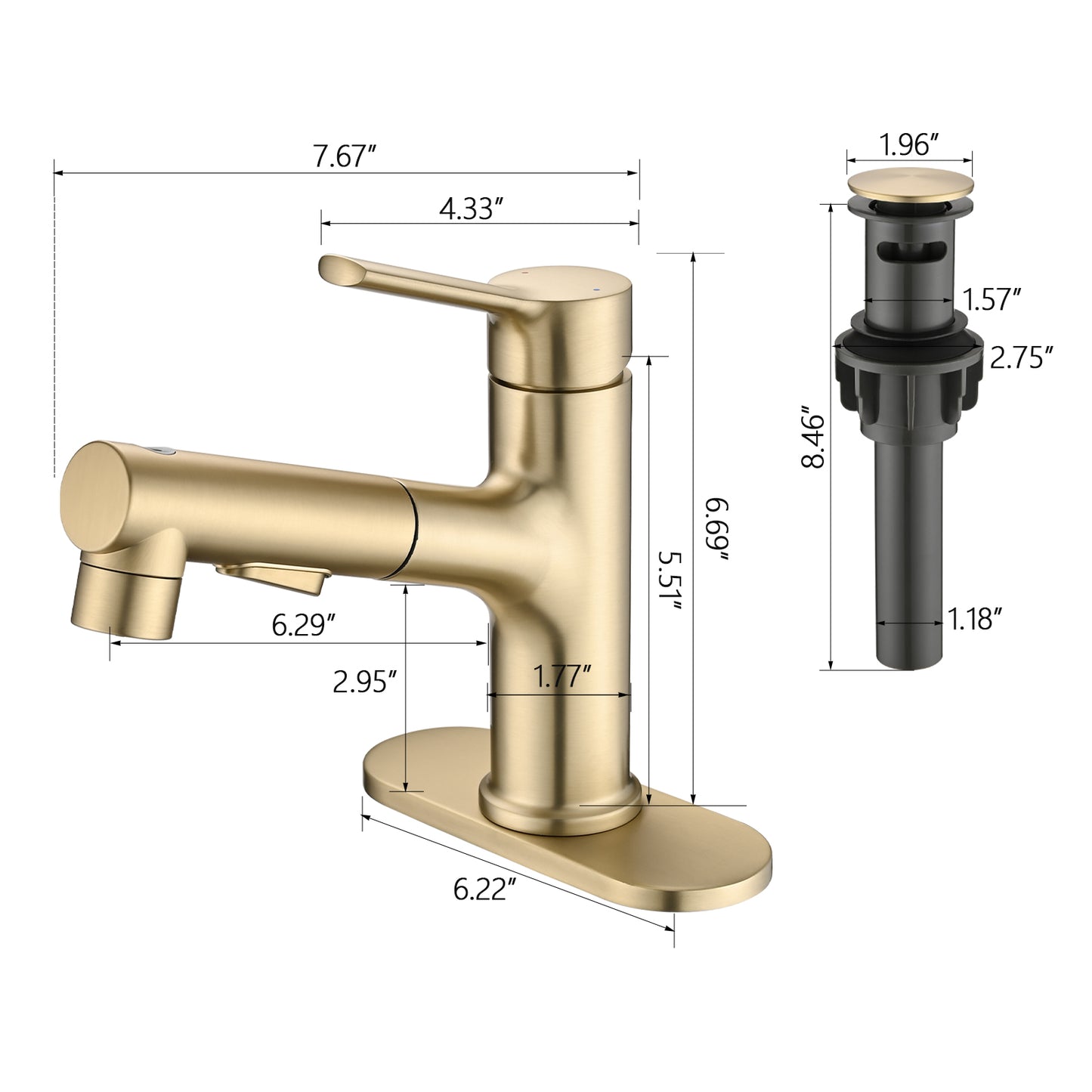 Bathroom Sink Faucet With Pull Out Sprayer, Single Handle Modern Bathroom Basin Faucet With Pop-up Sink Drain Stopper & Deck Plate,Brushed Gold