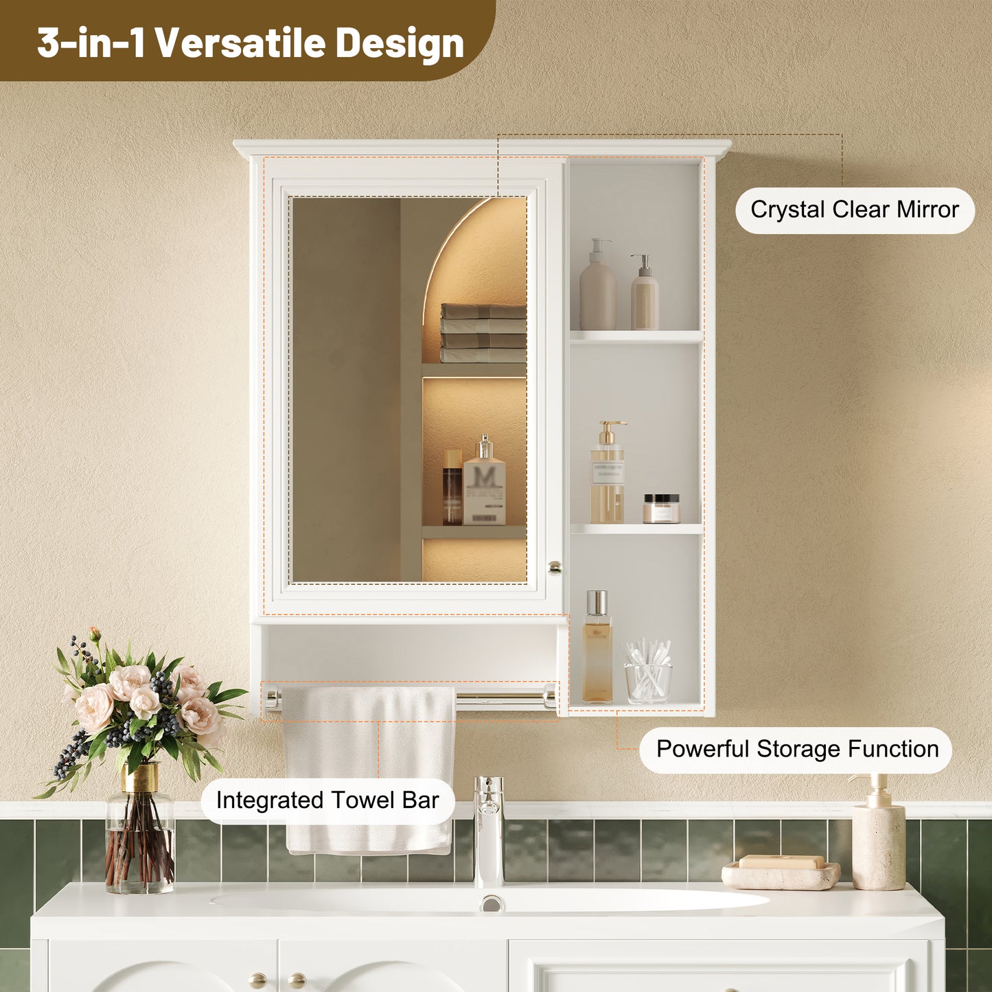 3-in-1 Bathroom Mirror Cabinet, 24-inch Wall Mounted Medicine Cabinet With Adjustable Shelf & Tower Bar, High-Definition Mirror With Storage For Bathroom Vanity