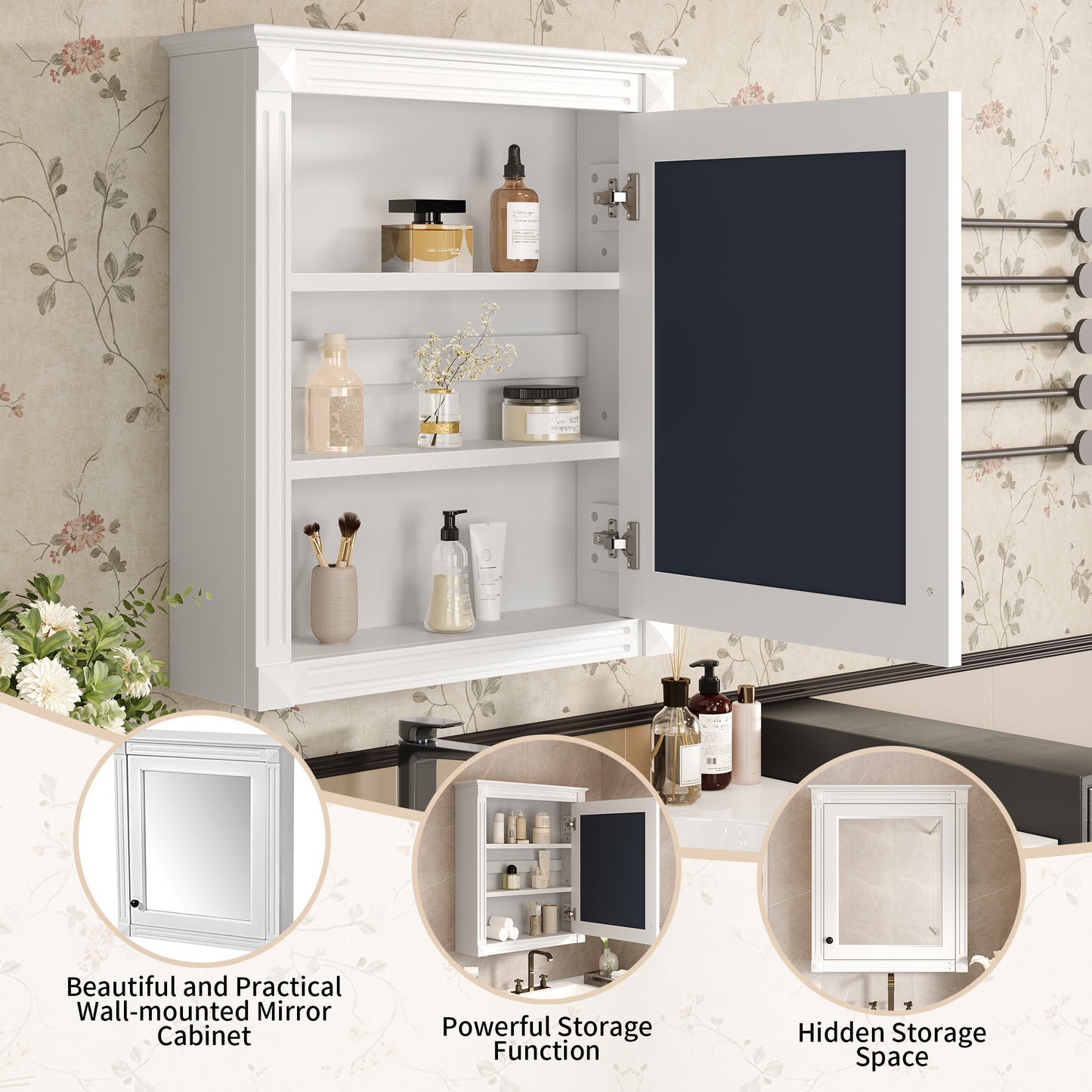 24'' X 27'' Wall Mounted Bathroom Storage Cabinet With Mirror, Medicine Cabinet With Height Adjustable Shelf, Over The Toilet Space Saver Cabinet