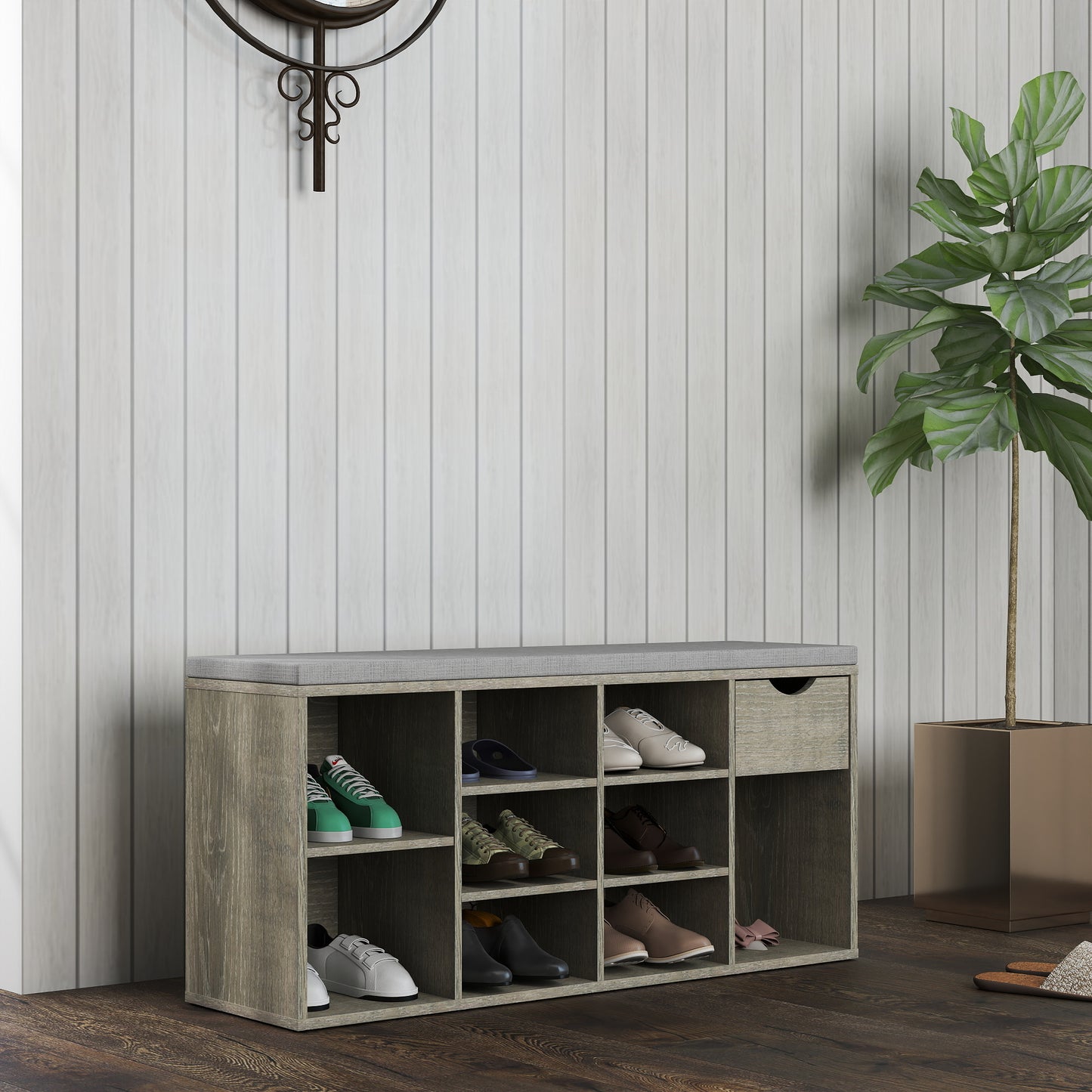 Storage Bench, Shoe Bench, Entryway Bench With Padded Cushion, Drawer And Open Compartments, Bench With Storage, 3 Tier Shoe Rack Bench