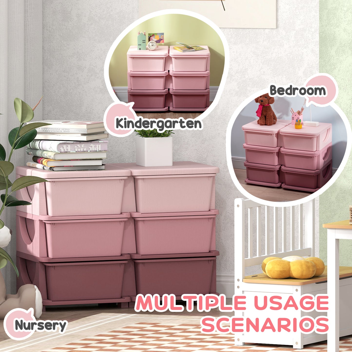 3 Tier Kids Storage Unit, Toy Organizers And Storage With 6 Drawer Chest For Kids Bedroom Nursery Kindergarten Living Room For Boys Girls Toddlers, Pink