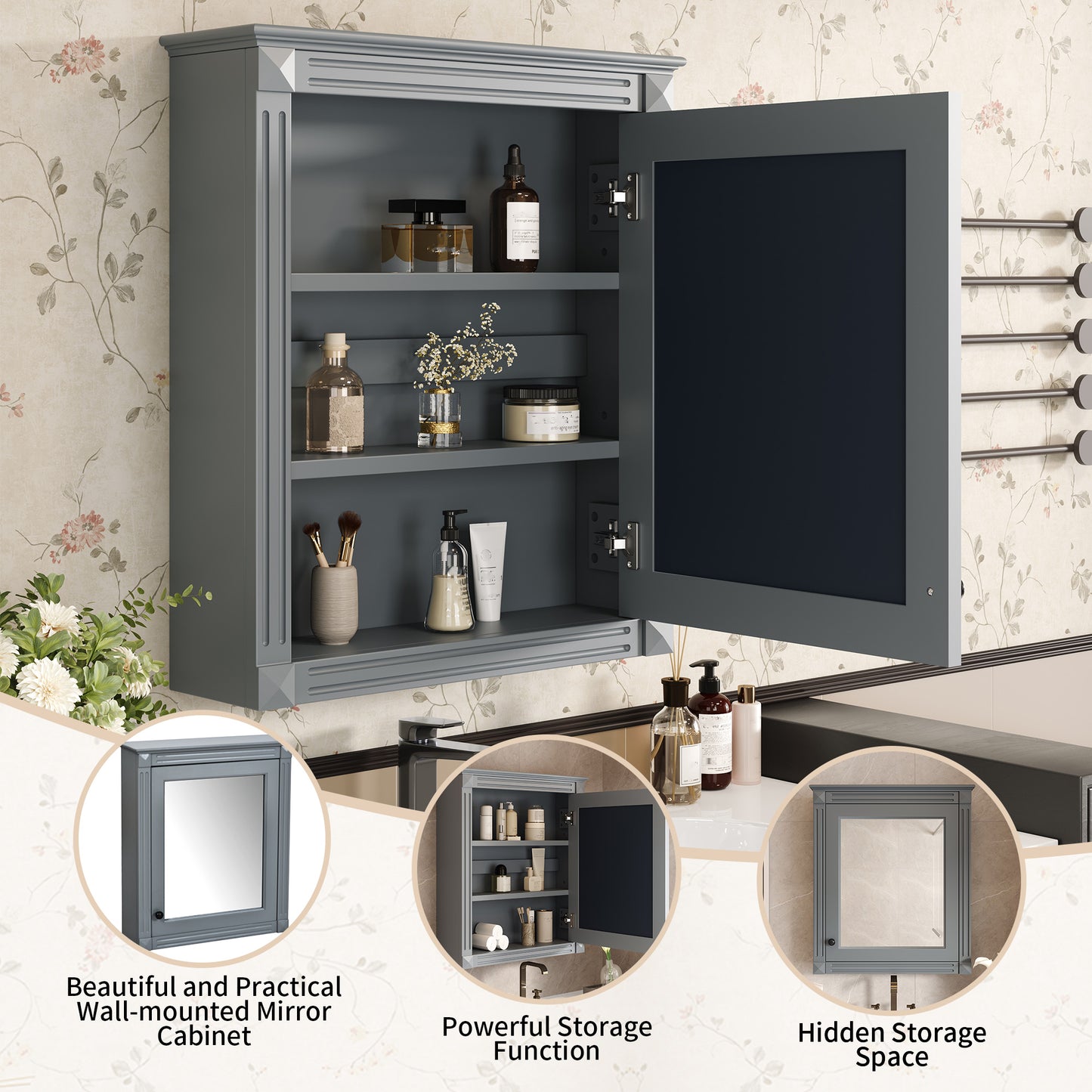 24'' X 27'' Wall Mounted Bathroom Storage Cabinet With Mirror, Medicine Cabinet With Height Adjustable Shelf, Over The Toilet Space Saver Cabinet
