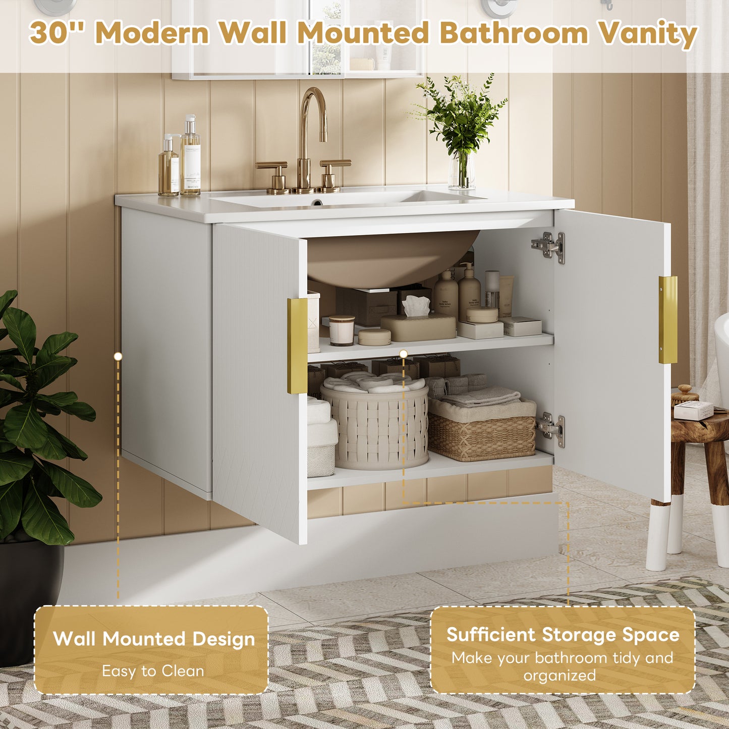 30 Vintage Bathroom Vanity With Ceramic Sink, With 3 Holes Single Ceramic Sink, Bathroom Storage Vanity Cabinet With 2 Soft Closing Doors