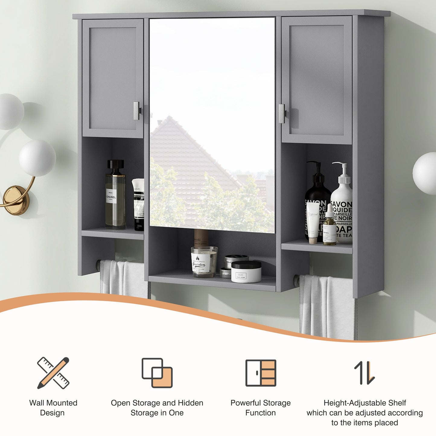 35'' X 28'' Modern Wall Mounted Bathroom Storage Cabinet, Bathroom Wall Cabinet With Mirror, Medicine Cabinet With Towels Bar