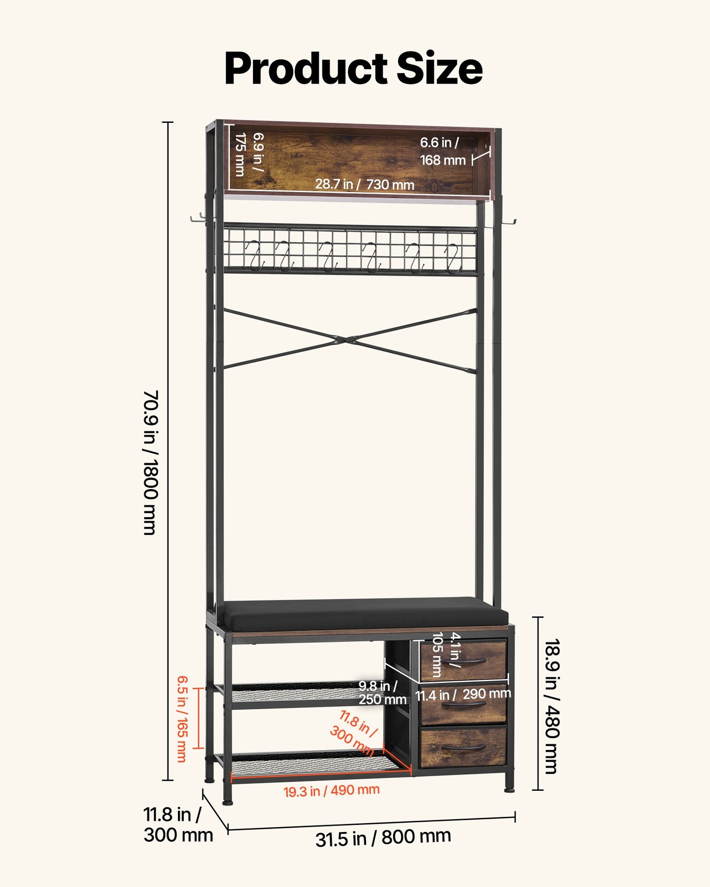 Hall Tree, 70.9 In Coat Rack With Shoe Bench & 3 Drawers, 3-in-1 Freestanding Shoe Rack Storage Organizer With Bookshelf & Wire Shelf, Steel Frame Entrance Coat Holder For Entry, Bedroom, Closet