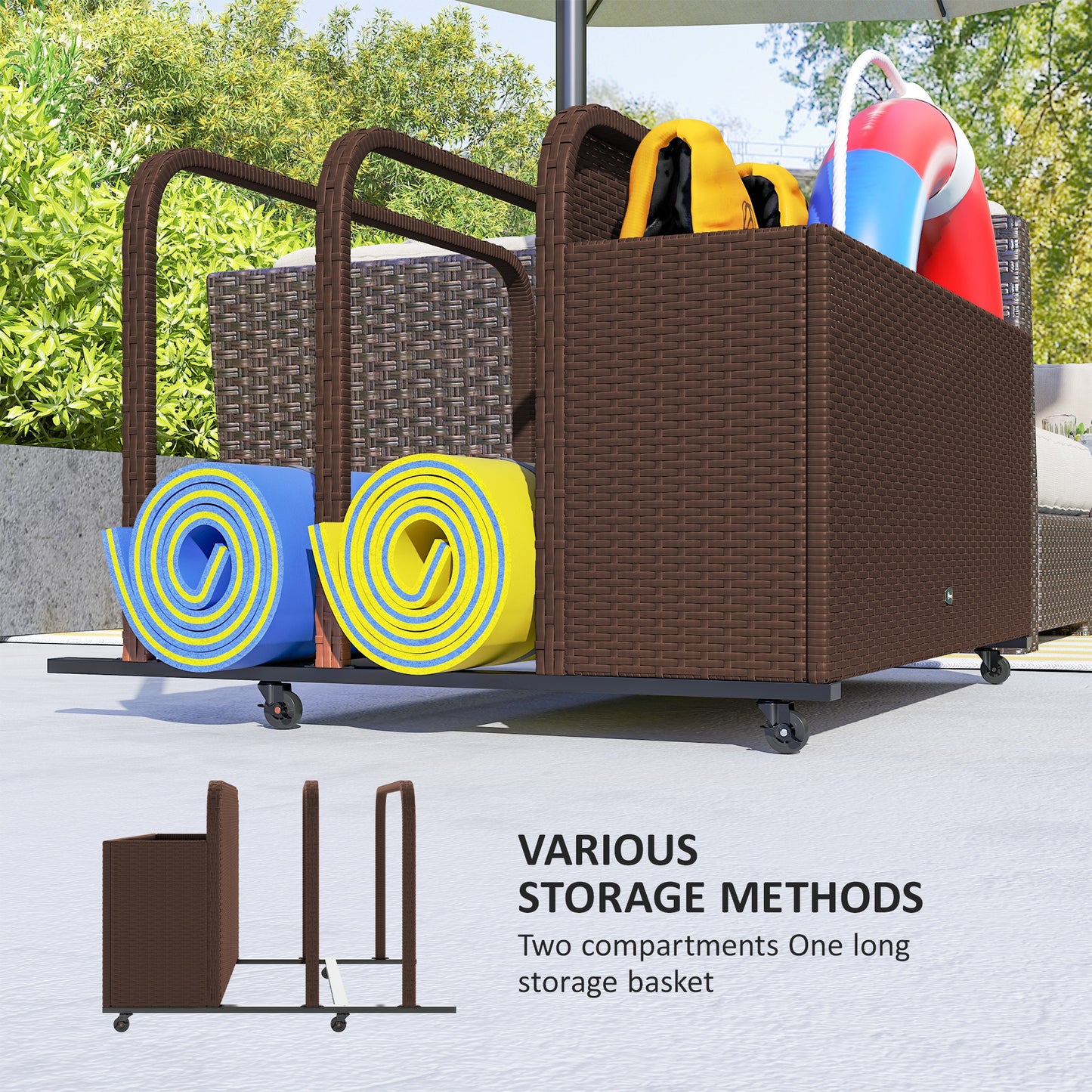 PE Rattan Pool Float Storage Organizer With Wheels, Brown