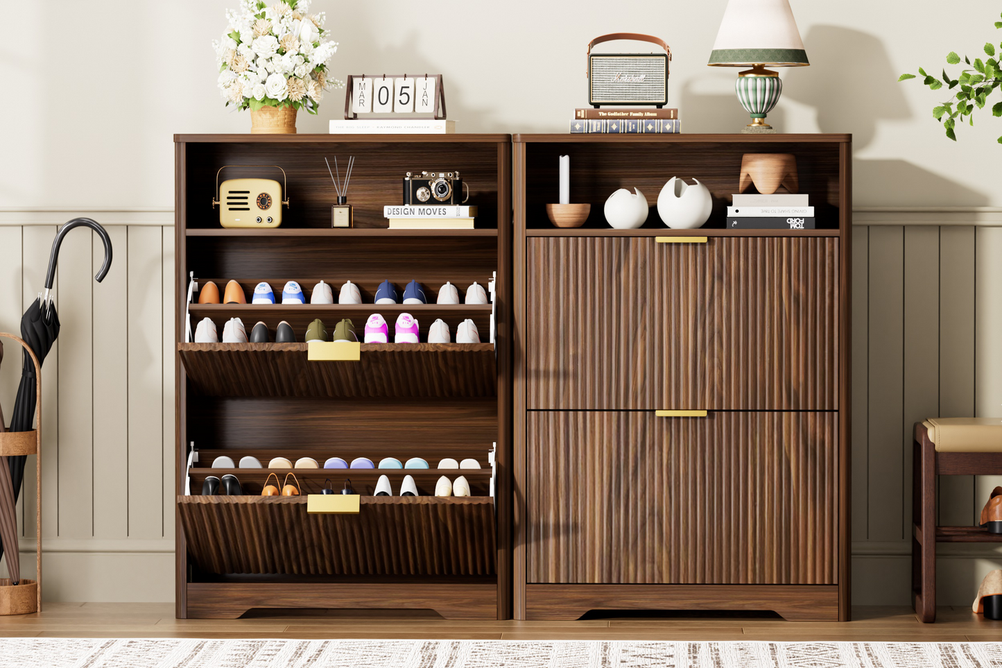 Shoe Cabinet Storage For Entryway Hidden Shoes Storage Cabinet With 2 Flip Drawers, Tall Free Standing Shoe Organizer Rack For Foyer, Hallway. Walnut,31.6 L X 9.6 W X 40 H.