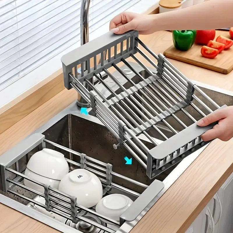 Telescopic Over-Sink Dish Rack with Stainless Steel Drain Basketover sink dish rack, telescopic dish rack, stainless steel drain basket, kitchen drying rack, expandable dish rack, sink organizer, over sink strainer, adjustabl