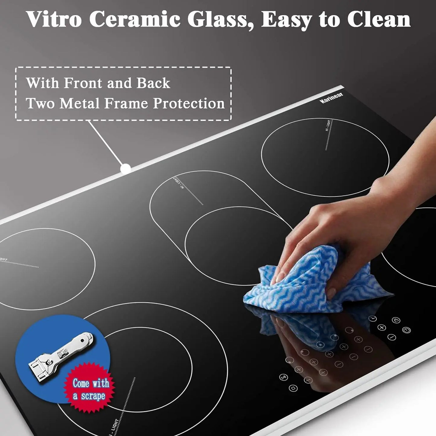 Karinear 30 Inch Electric Cooktop 5 Burners Ceramic Cooktop, Drop-in Electric Radiant Cooktop 8400W