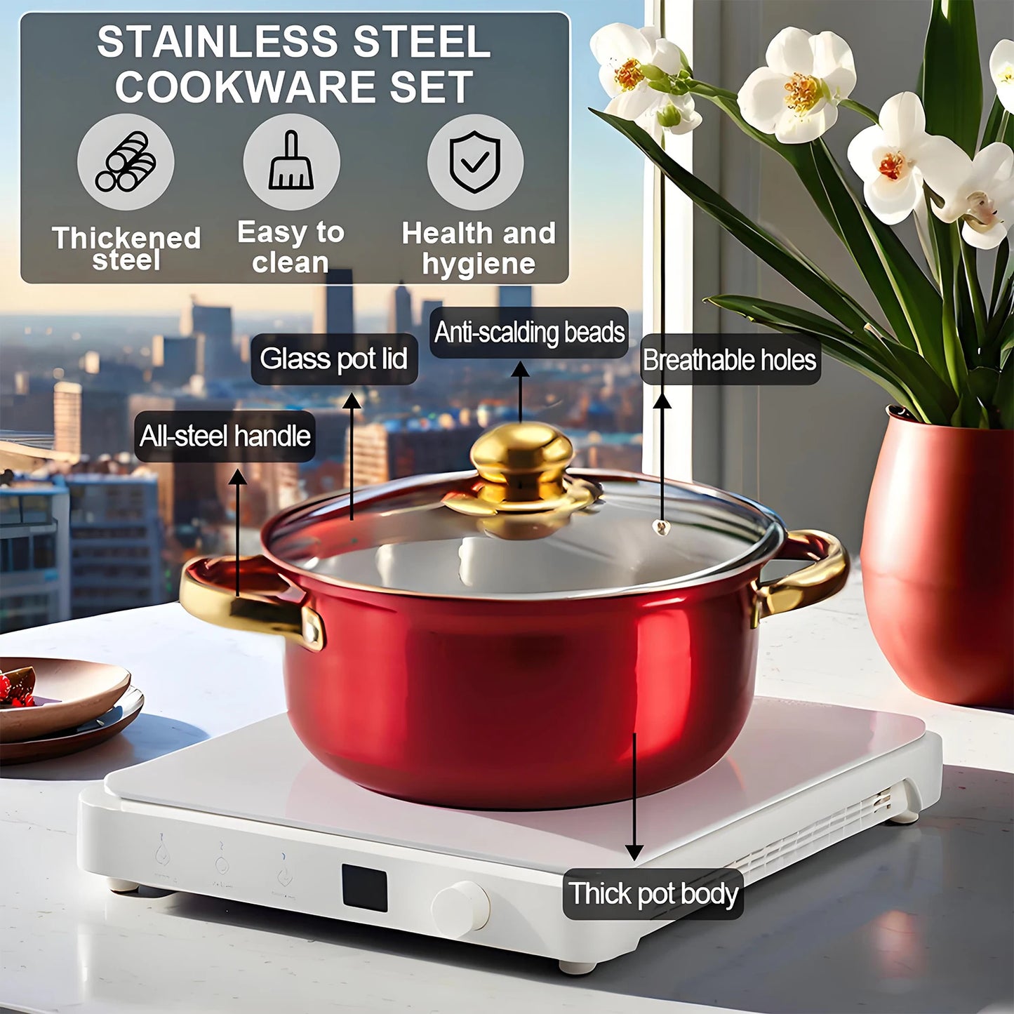 Red 12-Piece Cookware Set – Stainless Steel Non-Stick Kitchen Collectioncookware set, red cookware, 12 piece cookware, stainless steel cookware, non stick pots, kitchen cookware, complete kitchen set, cooking pots and pans