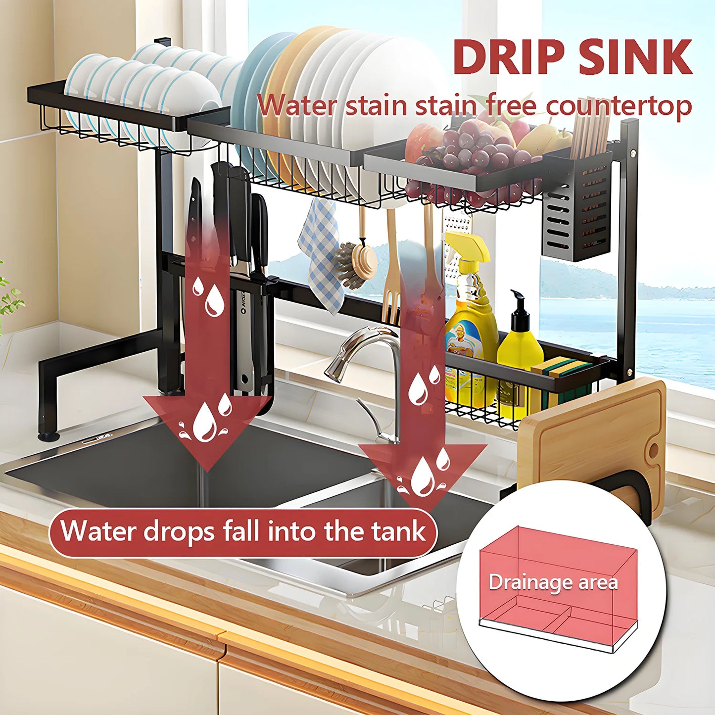 Double-Layer Sink Organizer – Bowl Rack with Knife & Chopstick Drain