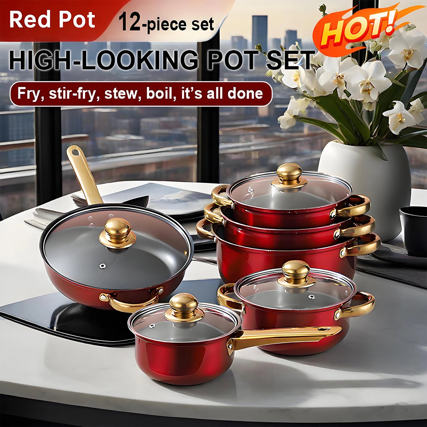 Red 12-Piece Cookware Set – Stainless Steel Non-Stick Kitchen Collectioncookware set, red cookware, 12 piece cookware, stainless steel cookware, non stick pots, kitchen cookware, complete kitchen set, cooking pots and pans