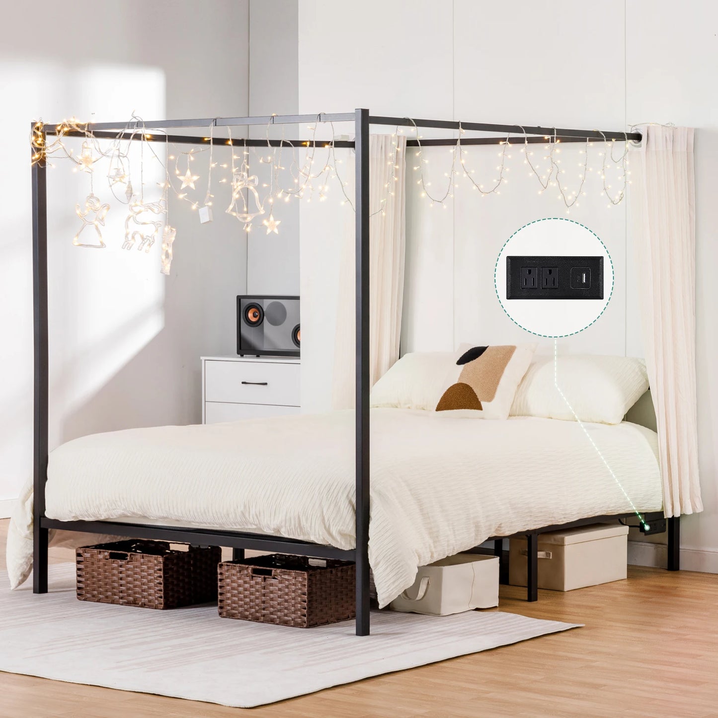 Comhoma Metal Canopy Bed Frame – Four-Poster with Charging Station, Headboard & Underbed Storage
