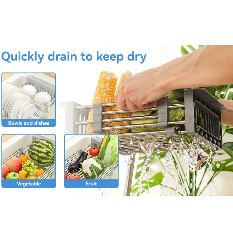 Telescopic Over-Sink Dish Rack with Stainless Steel Drain Basketover sink dish rack, telescopic dish rack, stainless steel drain basket, kitchen drying rack, expandable dish rack, sink organizer, over sink strainer, adjustabl