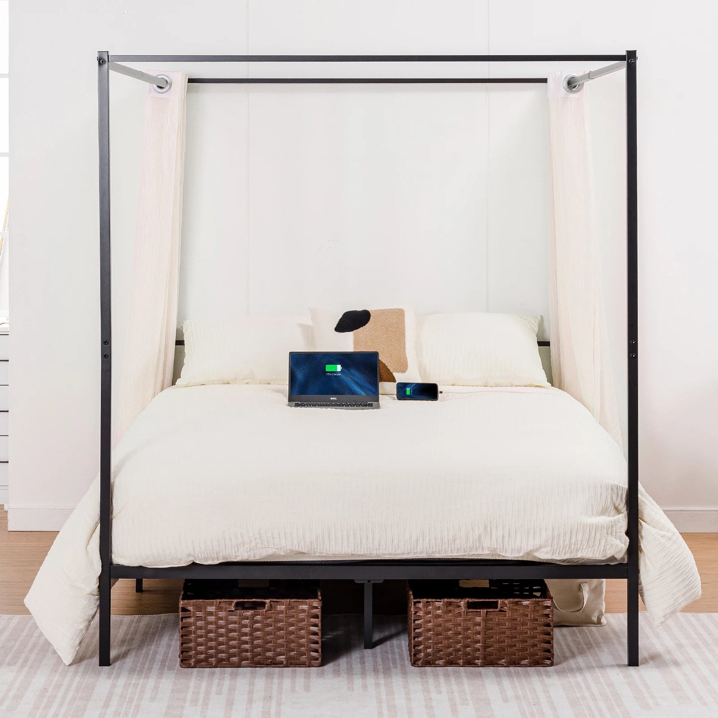 Comhoma Metal Canopy Bed Frame – Four-Poster with Charging Station, Headboard & Underbed Storage
