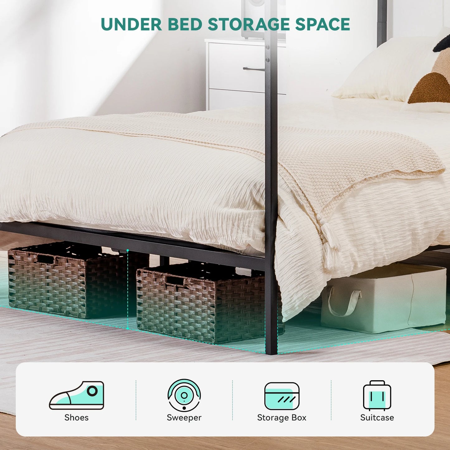 Comhoma Metal Canopy Bed Frame – Four-Poster with Charging Station, Headboard & Underbed Storage