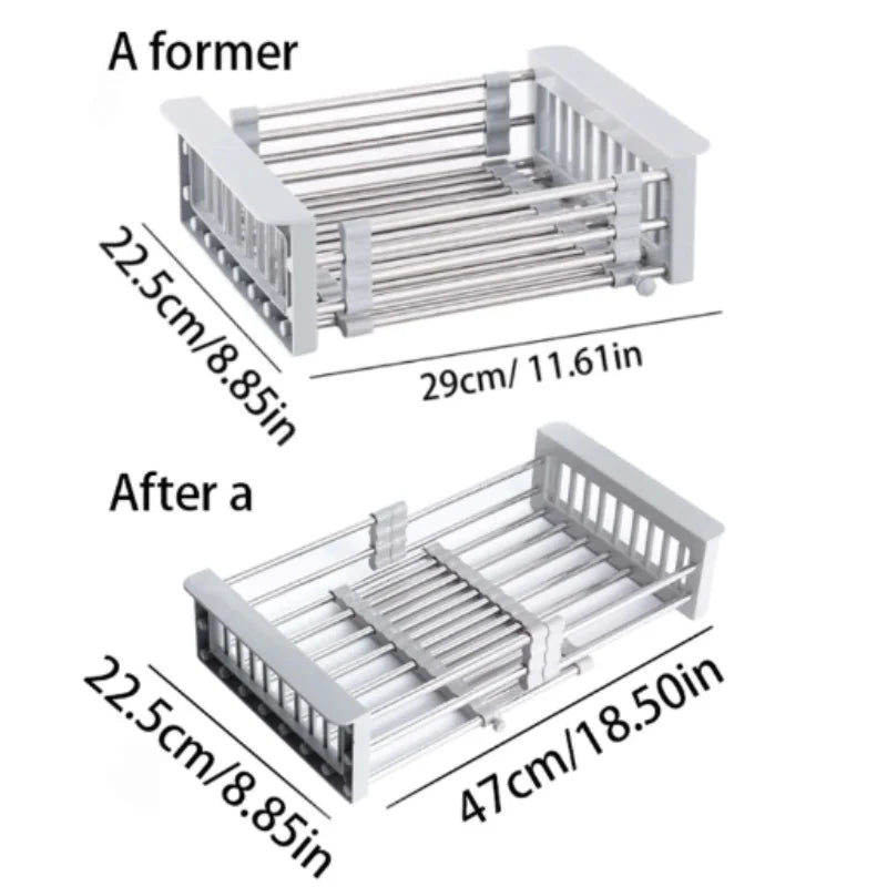 Telescopic Over-Sink Dish Rack with Stainless Steel Drain Basketover sink dish rack, telescopic dish rack, stainless steel drain basket, kitchen drying rack, expandable dish rack, sink organizer, over sink strainer, adjustabl