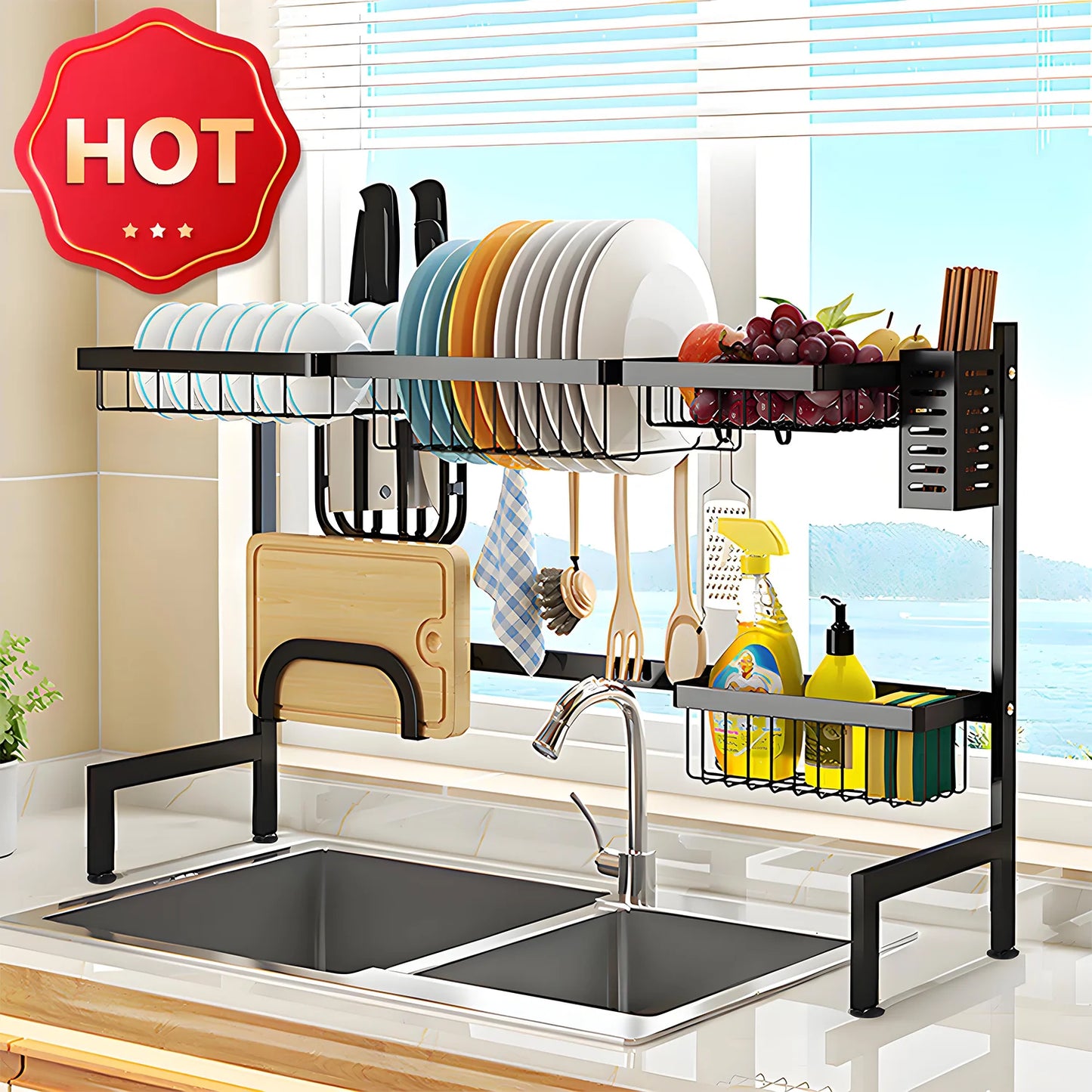 Double-Layer Sink Organizer – Bowl Rack with Knife & Chopstick Drain