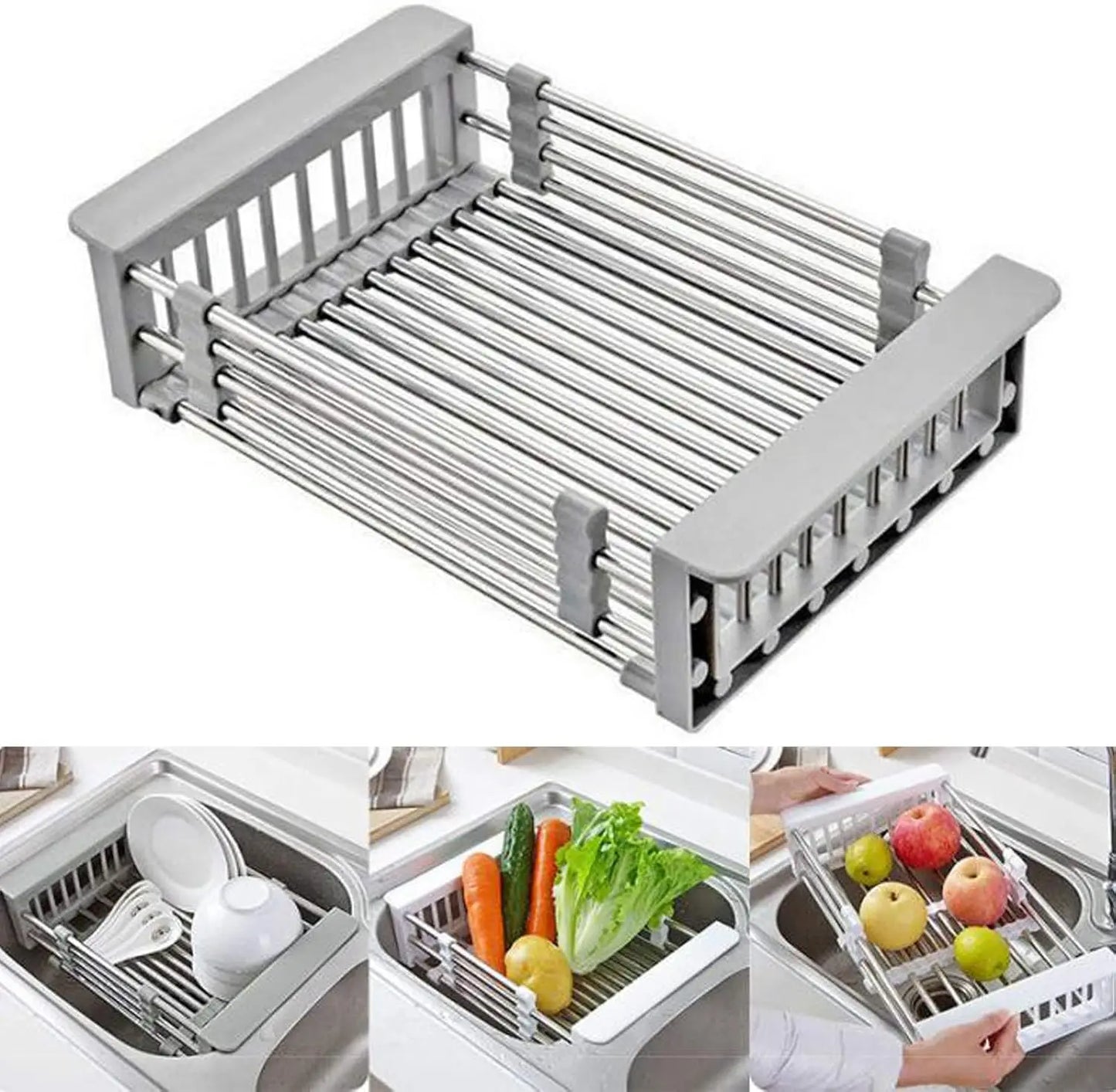 Telescopic Over-Sink Dish Rack with Stainless Steel Drain Basketover sink dish rack, telescopic dish rack, stainless steel drain basket, kitchen drying rack, expandable dish rack, sink organizer, over sink strainer, adjustabl