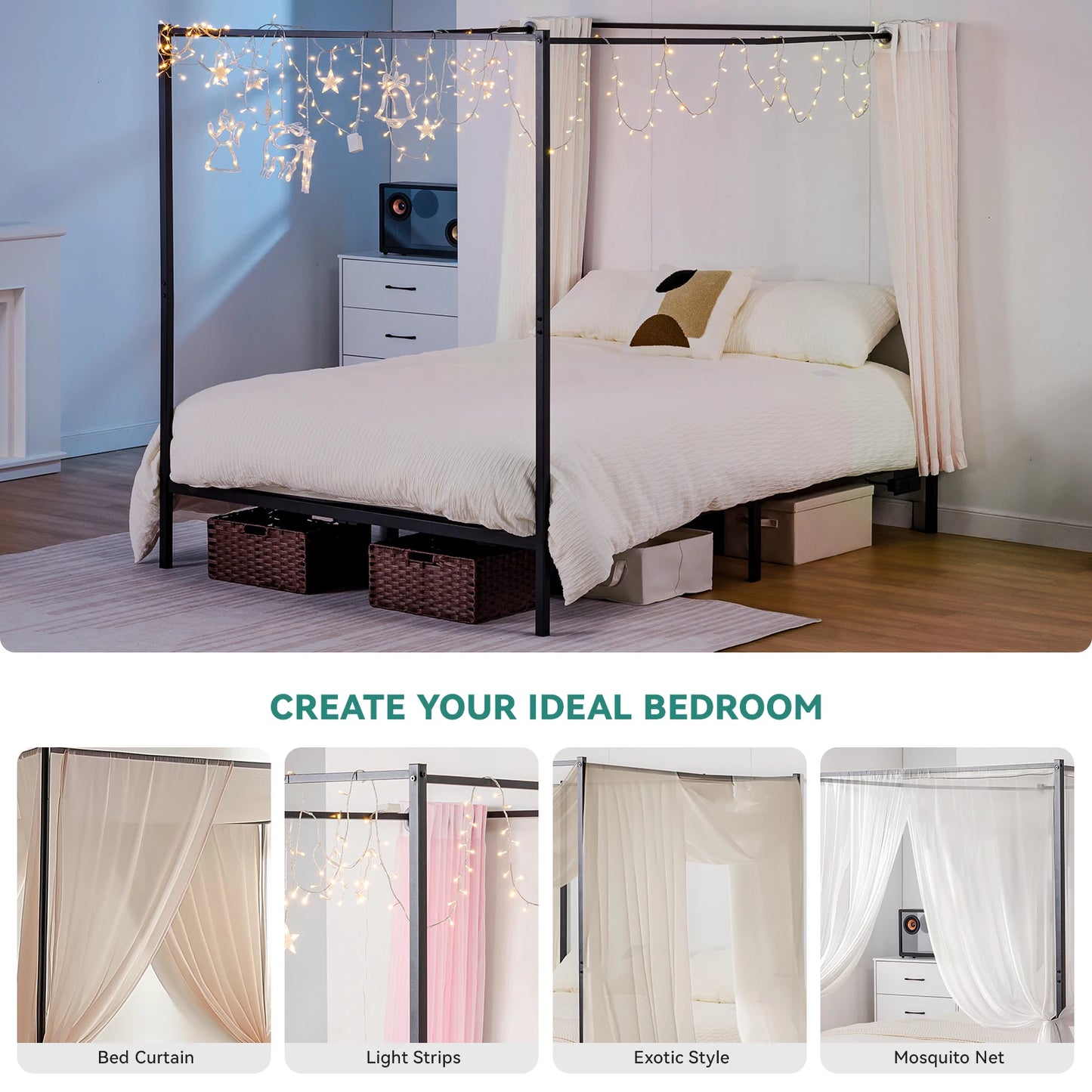 Comhoma Metal Canopy Bed Frame – Four-Poster with Charging Station, Headboard & Underbed Storage