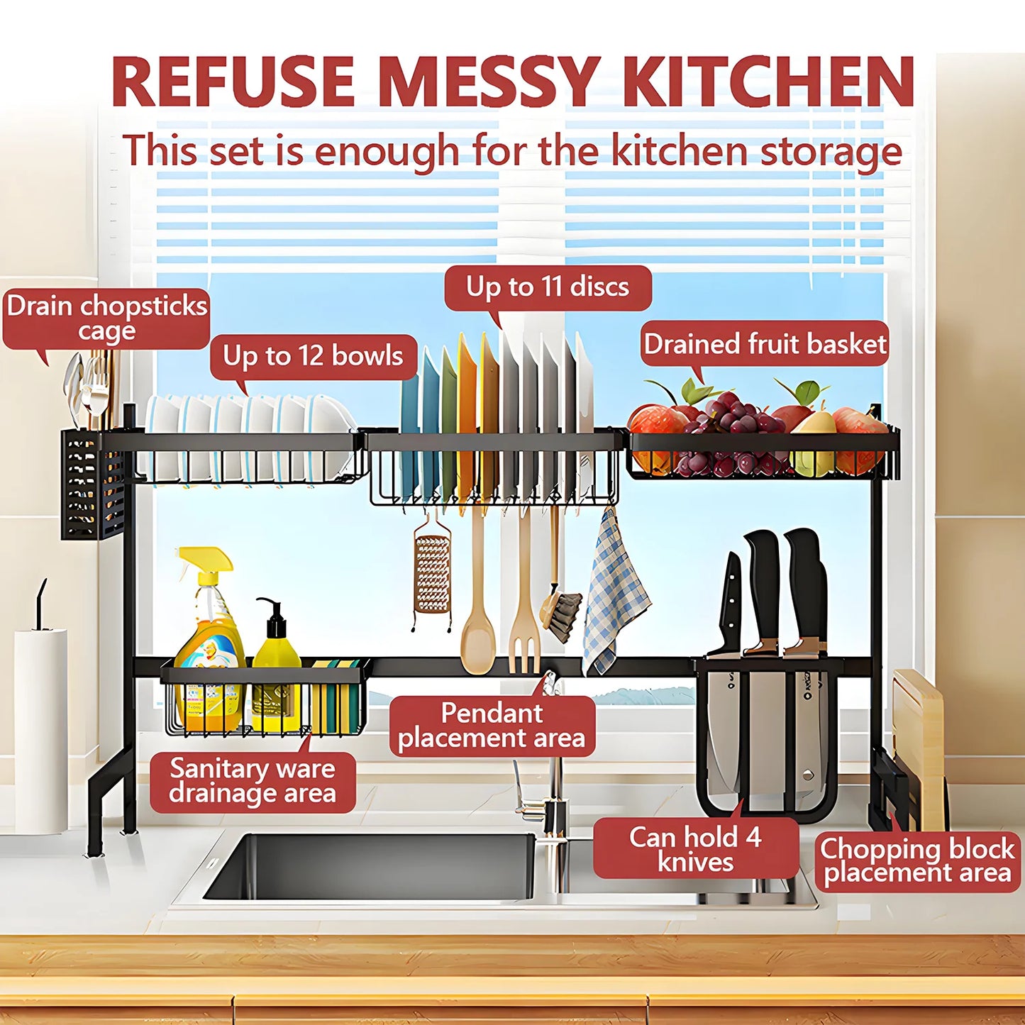 Double-Layer Sink Organizer – Bowl Rack with Knife & Chopstick Drain