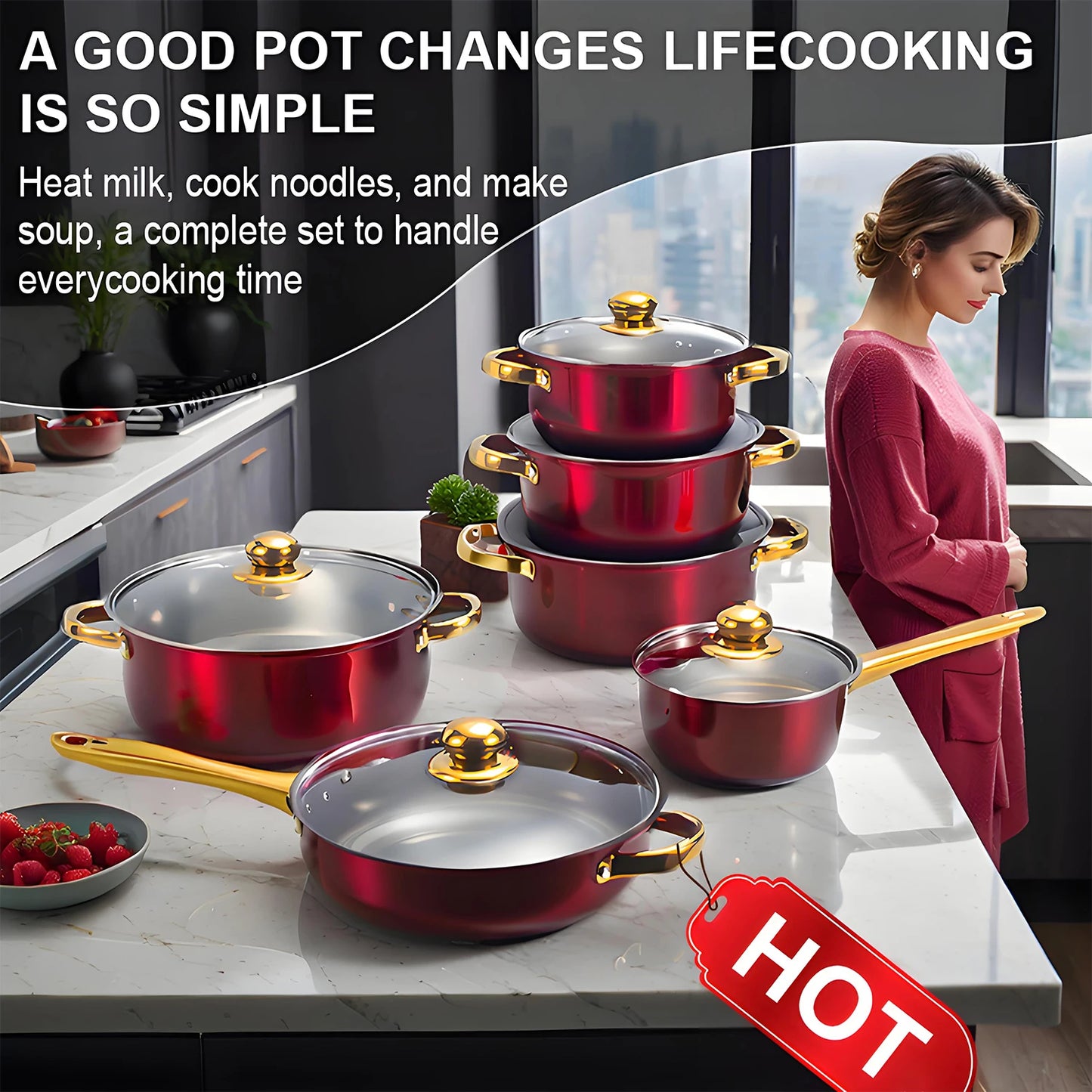 Red 12-Piece Cookware Set – Stainless Steel Non-Stick Kitchen Collectioncookware set, red cookware, 12 piece cookware, stainless steel cookware, non stick pots, kitchen cookware, complete kitchen set, cooking pots and pans