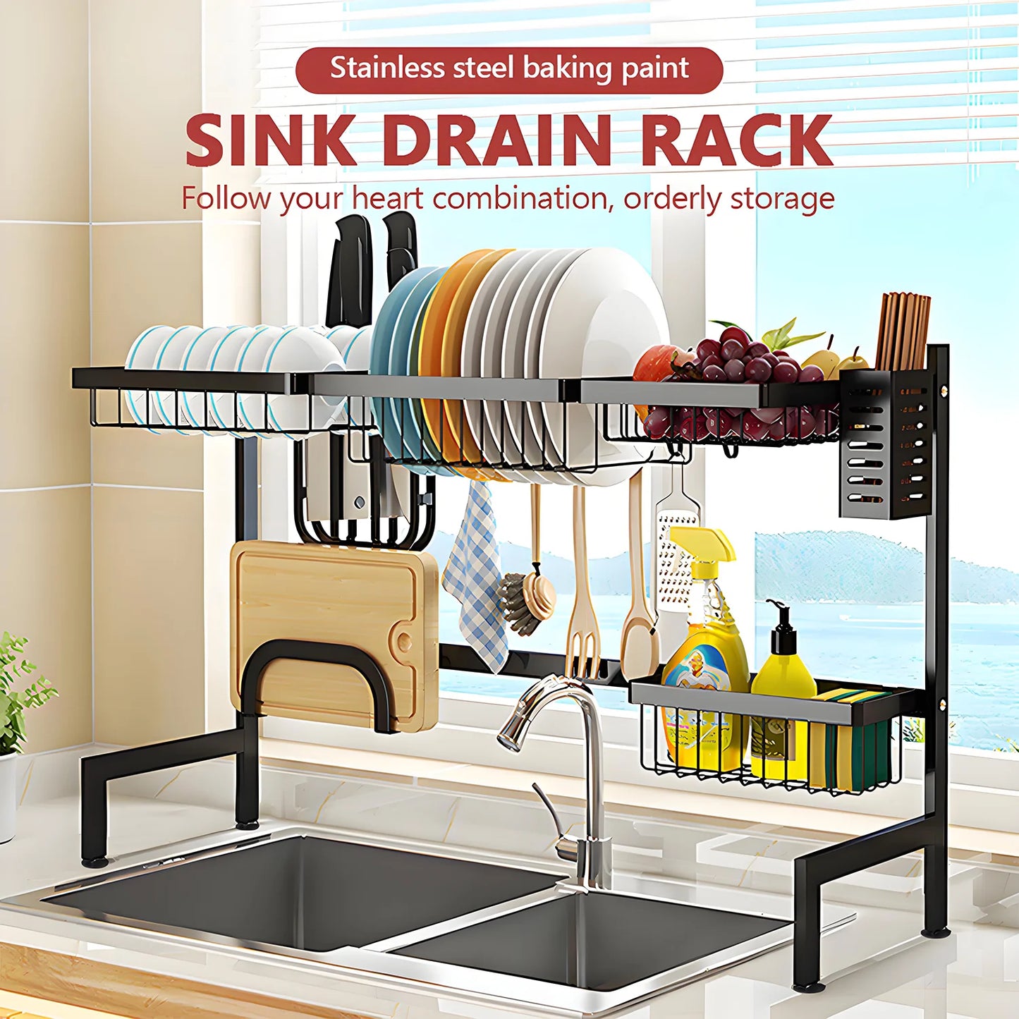 Double-Layer Sink Organizer – Bowl Rack with Knife & Chopstick Drain