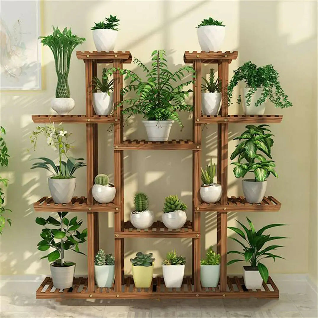 UNHO Multi-Tier Plant Stand – 46" Wood Flower Rack Holder with 16 Potted Display Shelves for Indoor & Outdoor Patio Garden