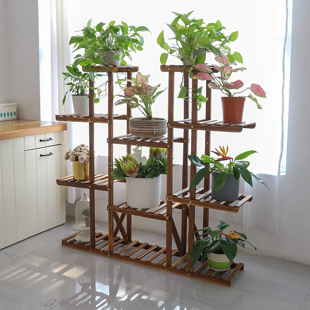 UNHO Multi-Tier Plant Stand – 46" Wood Flower Rack Holder with 16 Potted Display Shelves for Indoor & Outdoor Patio Garden