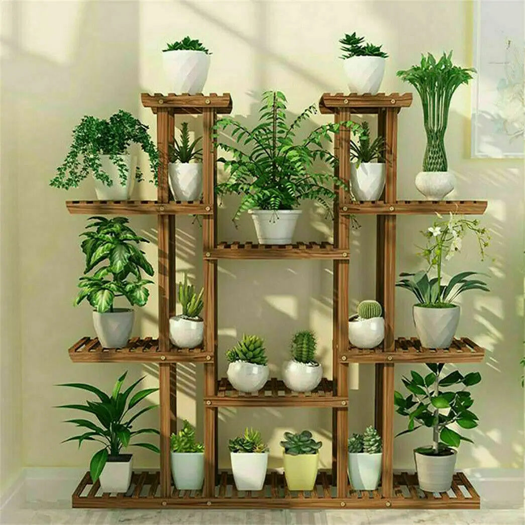 UNHO Multi-Tier Plant Stand – 46" Wood Flower Rack Holder with 16 Potted Display Shelves for Indoor & Outdoor Patio Garden