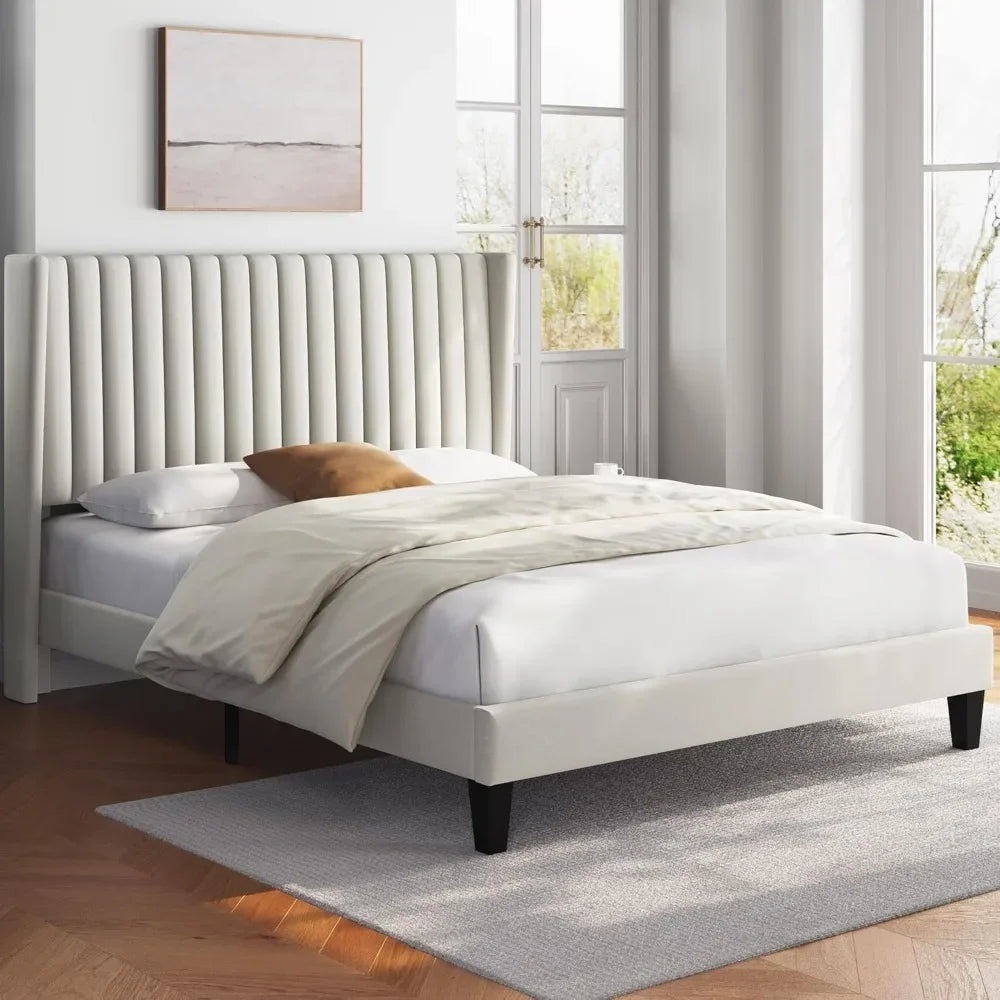 Upholstered Platform Bed Frame – Fabric Headboard with Wing Edge & Wooden Slat Support