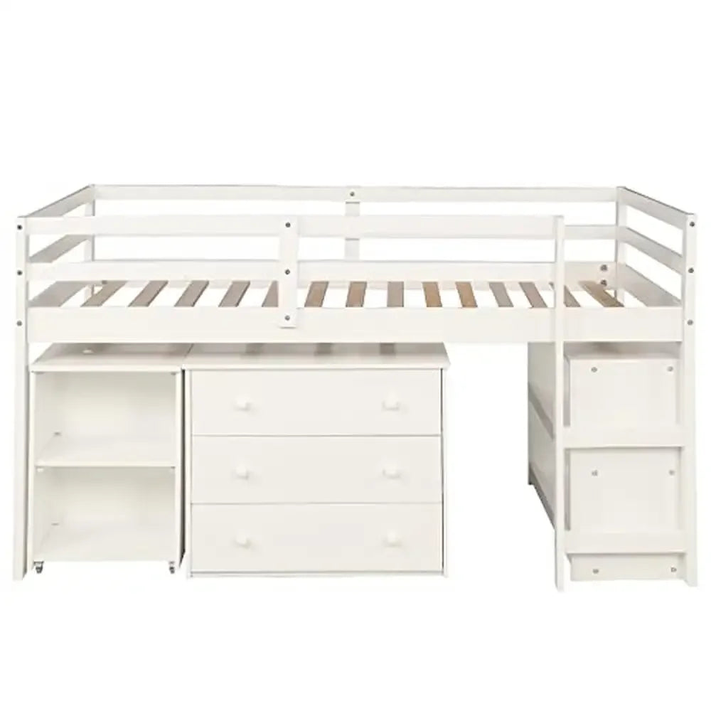 Twin Loft Bed with Rolling Desk & Storage Cabinet – White Bunk Bed with Guardrails