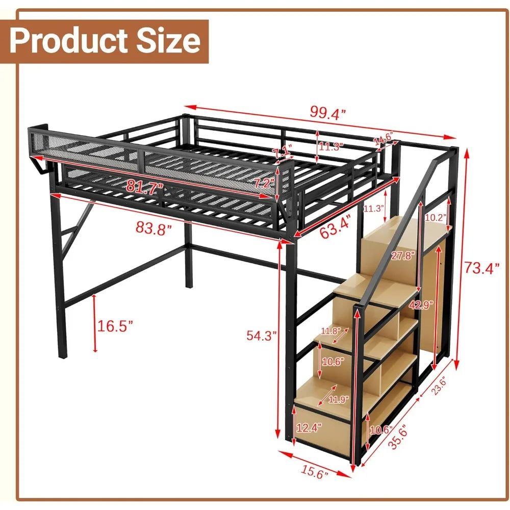 Queen Size Metal Loft Bed with Stairs & Storage, Bedside Shelf, Heavy-Duty Frame